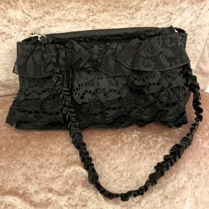 VALENTINO Ruffle-Trimmed Black Leather Shoulder Bag. Like New. With Dust Bag
